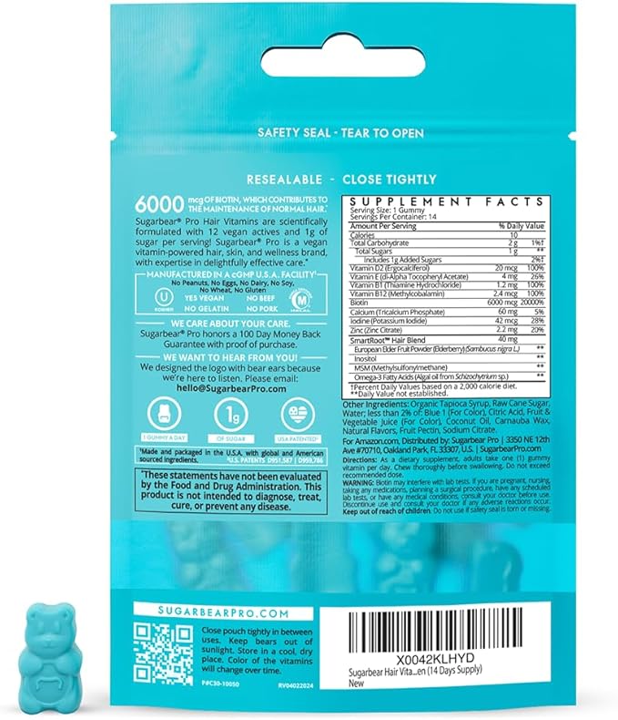 Sugarbear Hair Vitamin Gummy 14 Day Supply Extra Strength Biotin 6000mcg, Growth for Men & Women, Vegan Vitamin B12, MSM, Inositol, Omega 3, Elderberry, Certified Kosher, Halal, Cruelty-Free