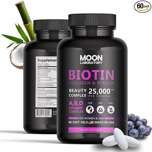 Premium Biotin 5,000 mcg Beauty Complex with Collagen, Keratin, Hyaluronic Acid, Vitamin A, D3, B-Complex, Calcuim & Coconut Oil. Hair Growth, Nails, Skin. For Men & Women. 60 Softgels