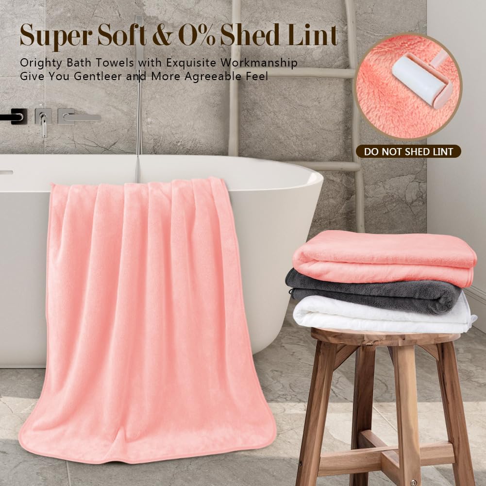 Orighty Microfiber Bath Towels Pack of 4(27'' x 54'') - Soft Feel, Highly Absorbent, Quick Drying for Body, Sport, Yoga, SPA, Fitness - Pink