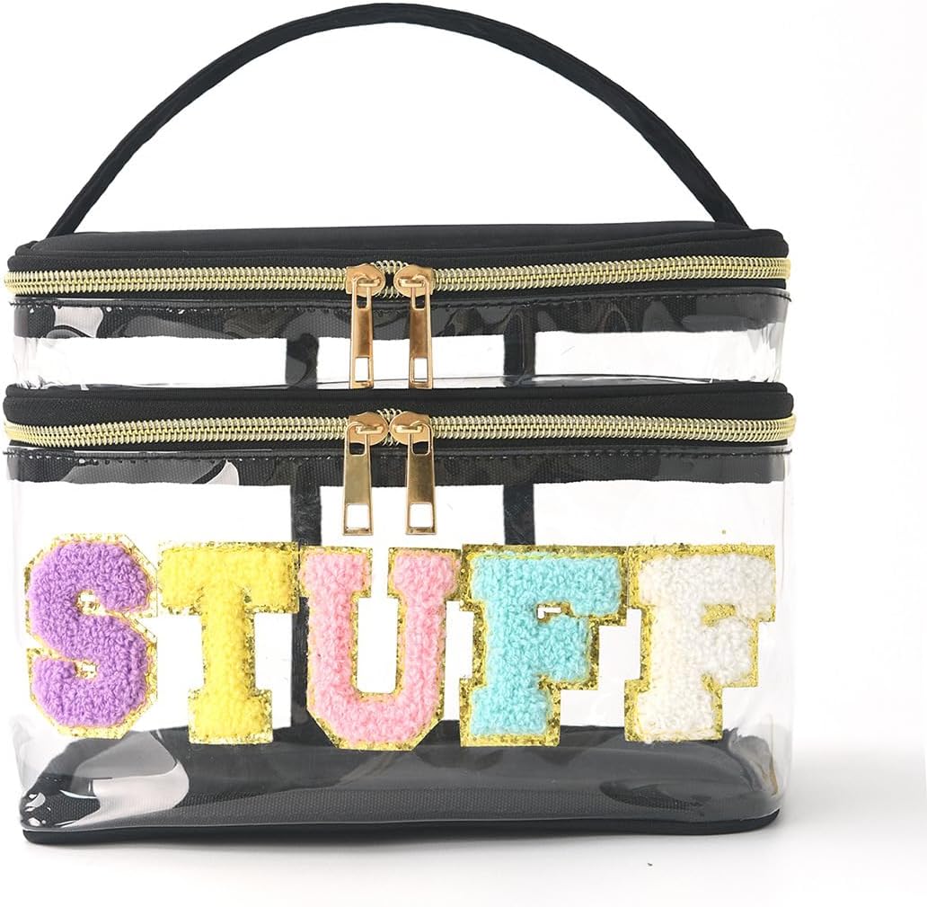 FITINI Makeup Bags Chenille Double Layer Travel Storage Cosmetic Cases Make up Organizer Toiletry Bags Stuff for Women Makeup Brush Bag,Clear Black