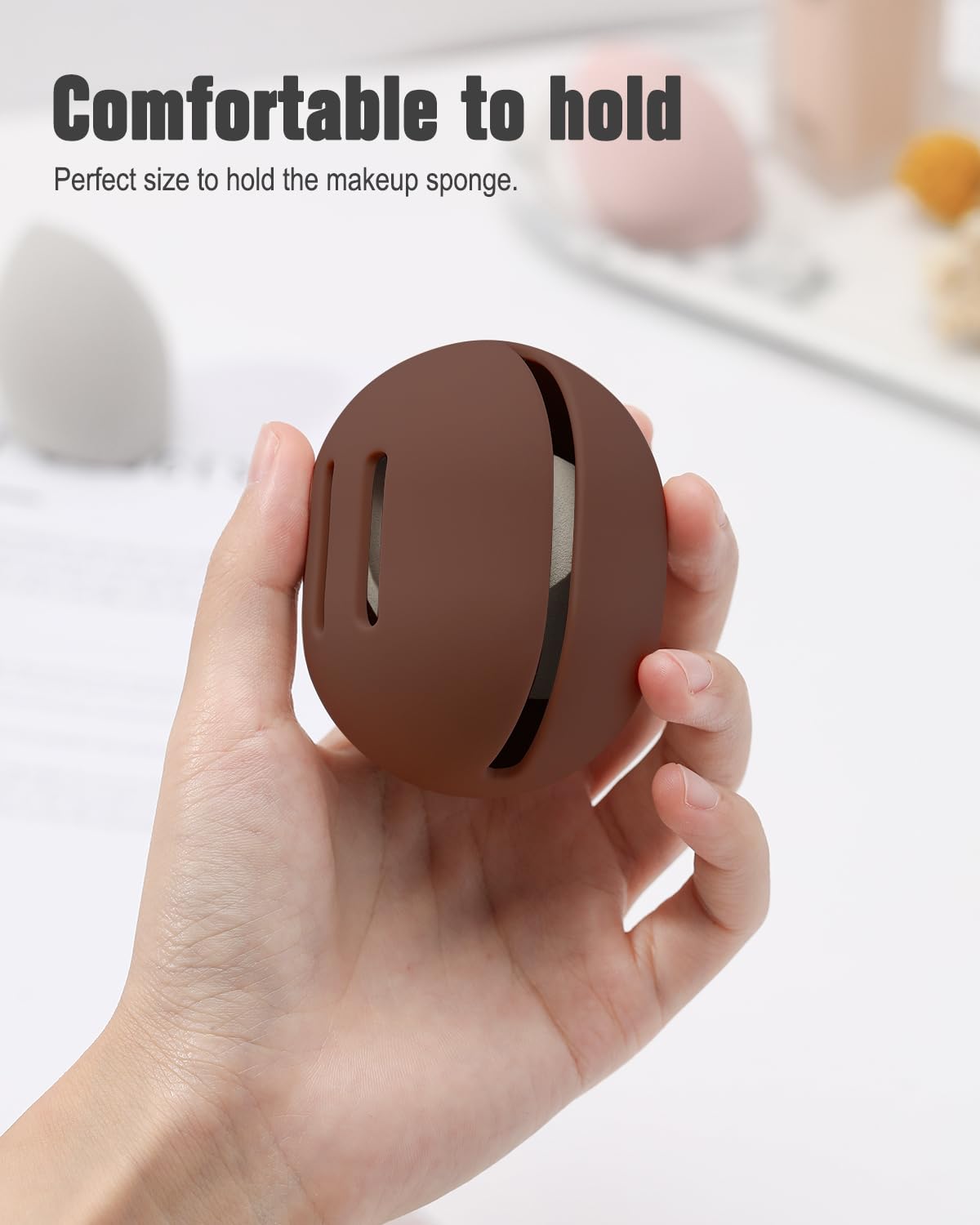 FERYES Makeup Sponge Holder – Shatterproof Eco-Friendly Silicone Beauty Make Up Blender Case for Travel - Brown