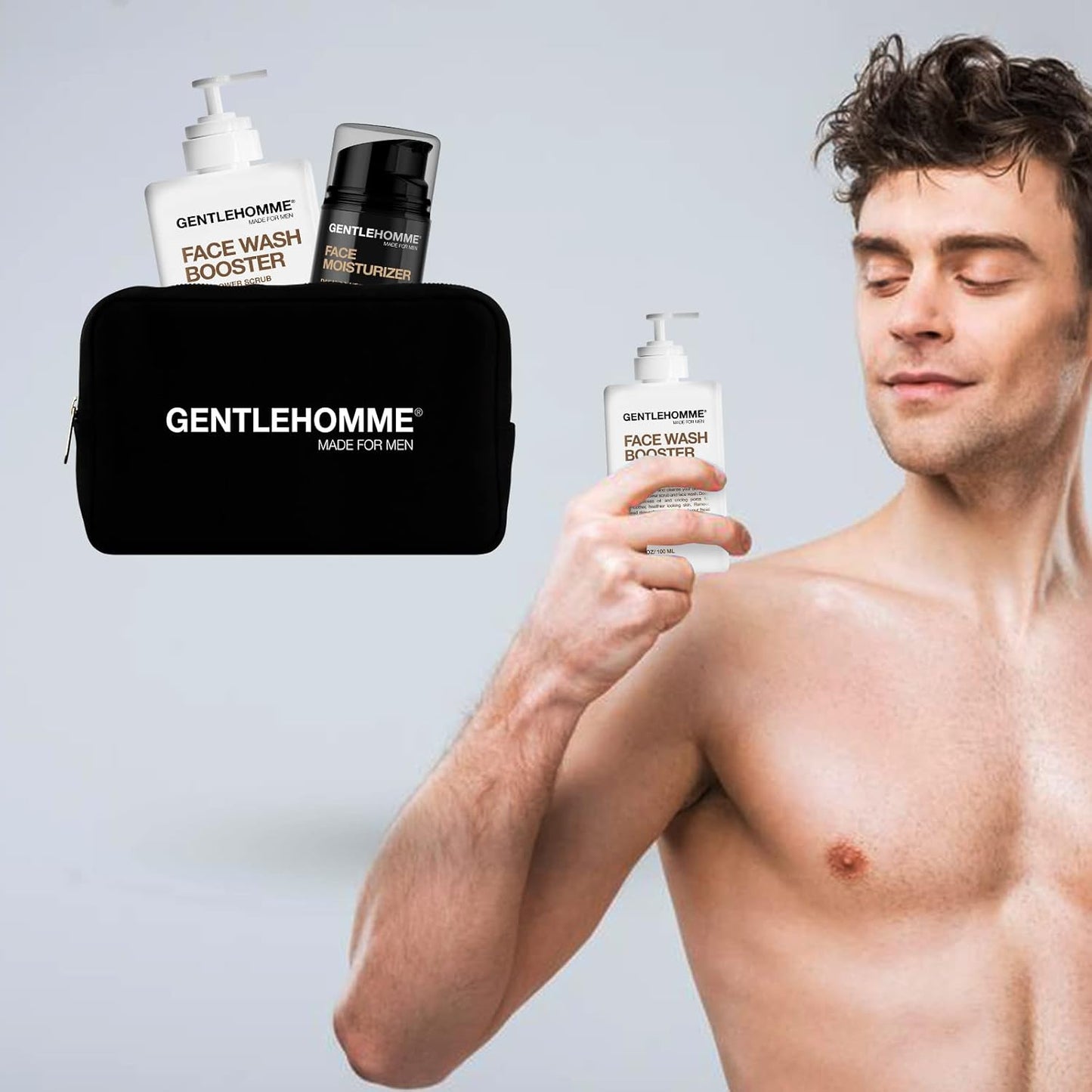 Gentlehomme Facial Kit - Pouch, Facial Cream & Cleanser for Men, Face Essentials for Travel, Men's Travel Skincare Set - Includes Facial Cream (1.8 oz), Exfoliating Face Wash Booster (3.4 oz) & Pouch