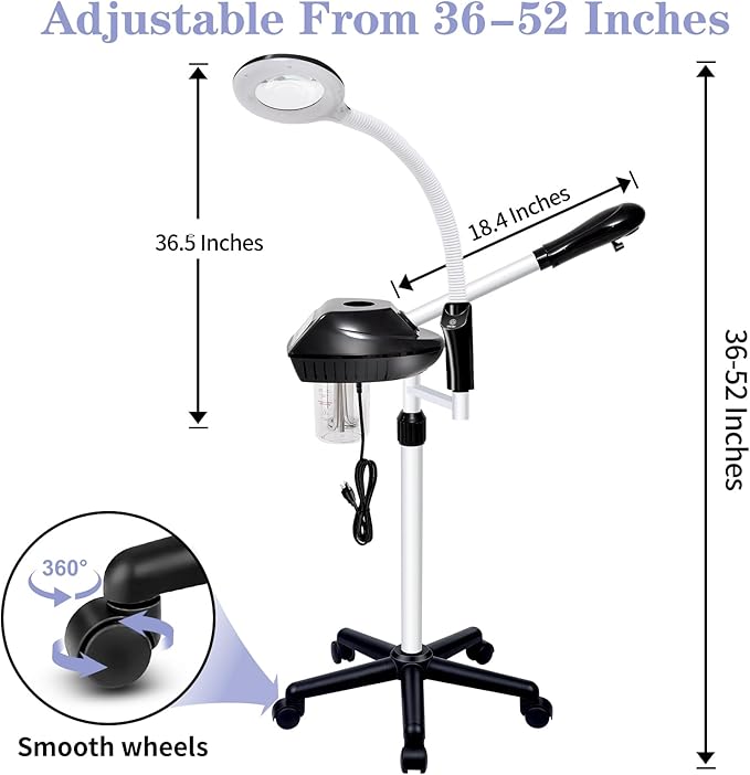 Professional Facial Steamer, 2 in 1 Ozone Facial Steamer on Wheels, with 5X Magnifying Lamp, Facial Steamer with Time Setting, Stand Facial Steamer Adjustable Height for Spa, Salon and at Home use