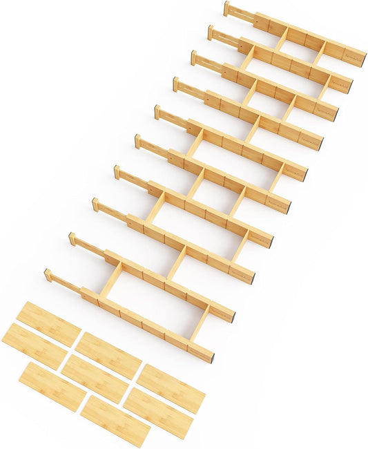 SpaceAid Bamboo Drawer Dividers with Inserts and Labels, Kitchen Adjustable Drawer Organizers, Expandable Organization for Home, Office, Dressers, 10 Dividers with 24 Inserts (17"-22" Natural)