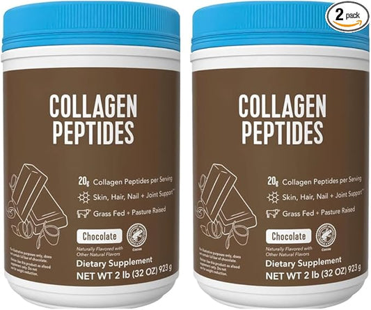 Collagen Peptides Chocolate Protein, 20g Collagen Per Serving, Pasture Raised Grass Fed, Paleo + Keto Friendly, Gluten Dairy Free Zero Sugar, 32 OZ Pack of 2
