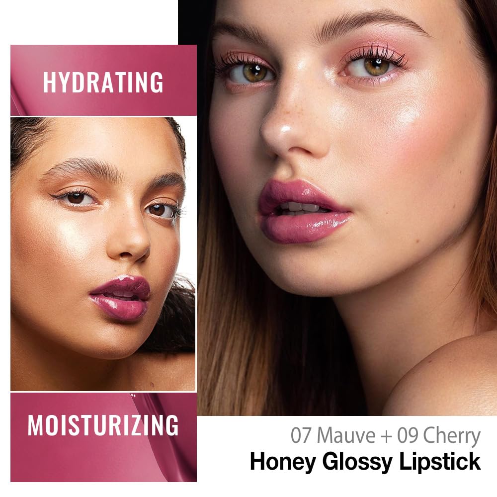 evpct 2Pcs Mauve Plum Cherry Honey Lipstick Tinted Lip Balm, Sheer Hydrating Shine Tinted Lipstick for Women, Moisturizing Lip Color, Nourishing Tinted Lip Balm Plumper Gloss Stain Glossy Shiny Finish