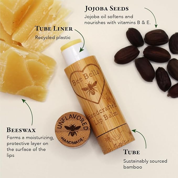 Bee Bella Lip Balm, Unscented (Unflavored), 3 Pack - Moisturizing Lip Care, 100% Natural, Original Organic Beeswax with Vitamin E, Handmade in USA