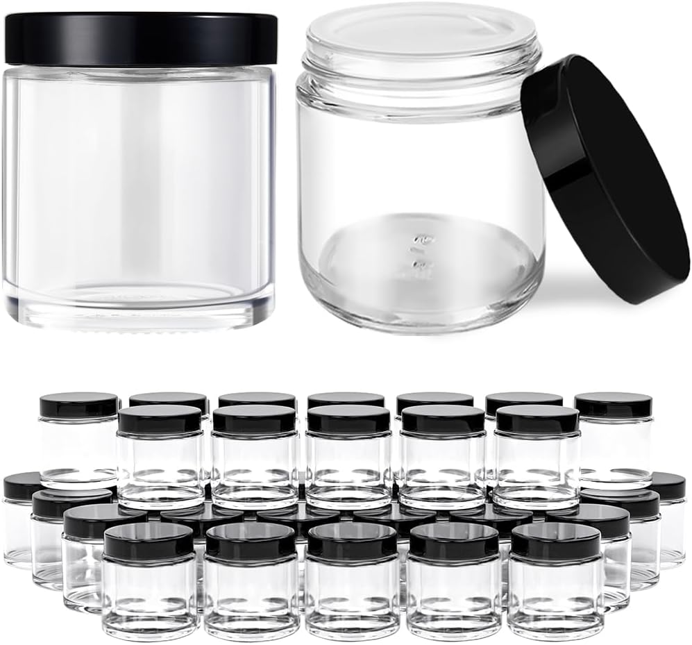 Tecohouse 4 oz Glass Jars with Lids, 48 Pack Clear Cream Canning Mason Jars with Lids, White Labels & Inner Liners, Empty Airtight Round Clear Slime Containers for Spice, Lotion, Ointments