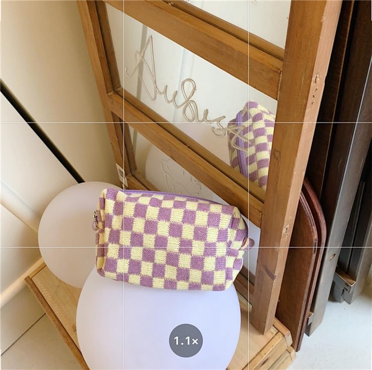 PAZIMIIK Checkered Makeup Bag for Purse Portable Zipper Make Up Pouch Small Cosmetic Case for Travel Accessories (6PCS Purple)