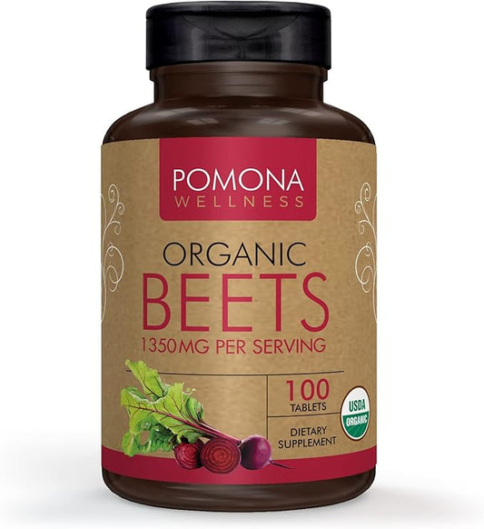 Pomona Wellness Beet Root Supplement Powder 1350mg, Supports Blood Pressure, Heart Health, Circulation, Energy & Athletic Performance, USDA Organic, Non-GMO, Vegan, 100 Tablets