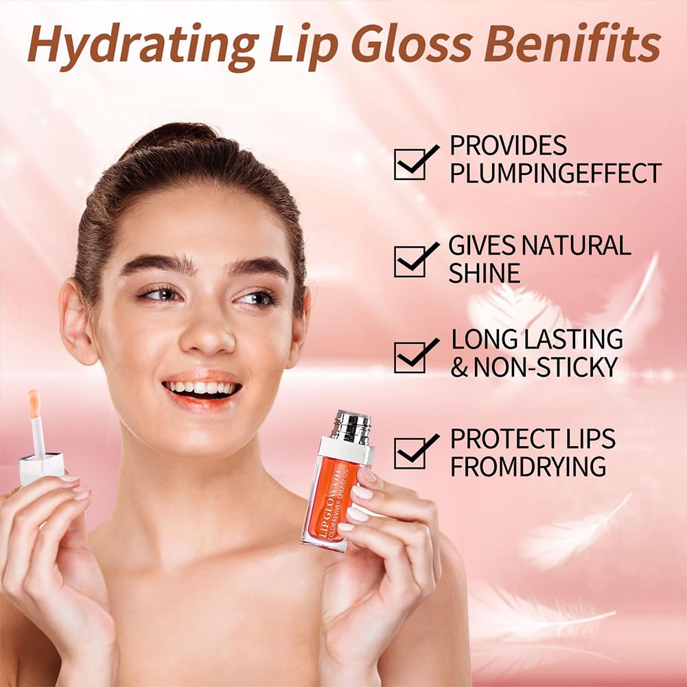 Hydrating Lip Glow Oil, Moisturizing Lip Glow Oil, Nourishing Glossy Transparent Lip Oil, Plumping Lip Oil, Lip Balm, Non-sticky Tinted Toot Lip Balm for Lip Care (CORAL) 0.2 OZ