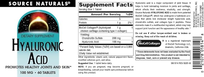 Source Naturals Hyaluronic Acid, Promotes Healthy Joints and Skin*, 100mg - 60 Tablets