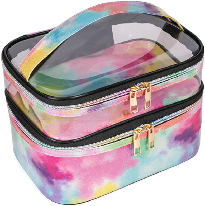 FITINI Makeup Bags Double Layer Travel Storage Cosmetic Cases Make up Organizer Toiletry Bags Water-resistant for Women Makeup Brush Bag,Tie Dyed