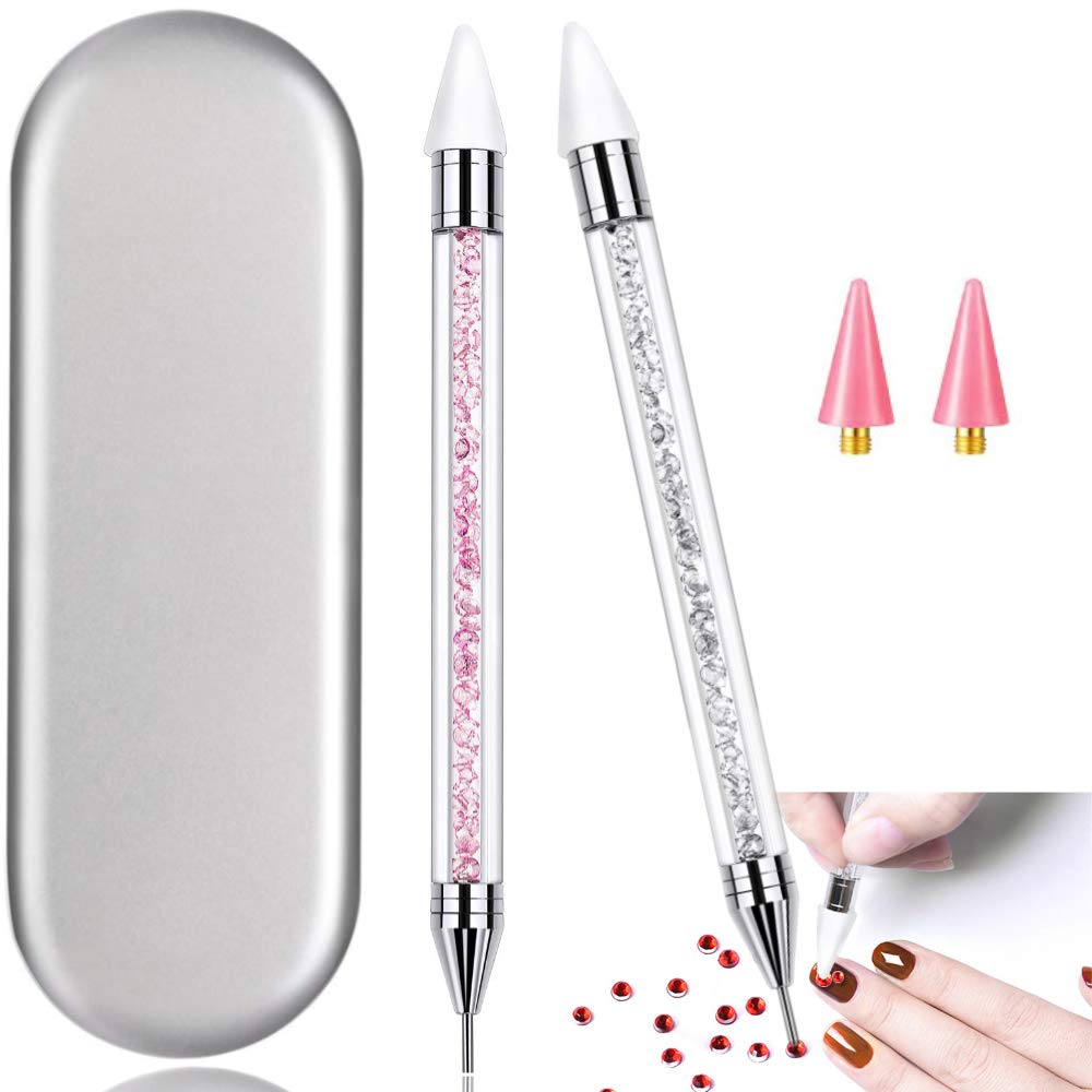 2 Pieces Nail Rhinestone Picker Dual-Ended DIY Nail Art Dotting Tool Wax Pen Acrylic Handle with Extra 2 Wax Head & Storage Case, for Crystal AB Rhinestones, Nail Art, Diamond Painting
