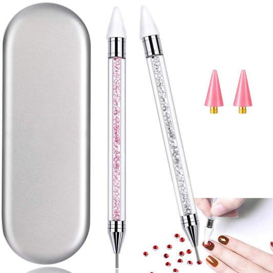 2 Pieces Nail Rhinestone Picker Dual-Ended DIY Nail Art Dotting Tool Wax Pen Acrylic Handle with Extra 2 Wax Head & Storage Case, for Crystal AB Rhinestones, Nail Art, Diamond Painting