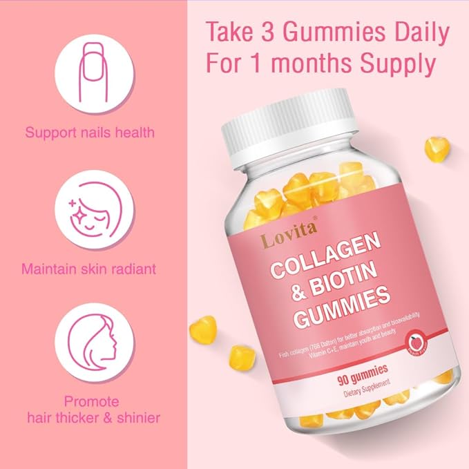 Lovita Marine Collagen Gummy with Biotin, Vitamin C & E | Type I Collagen for Skin Health | Peach Flavor | 90 Gummies