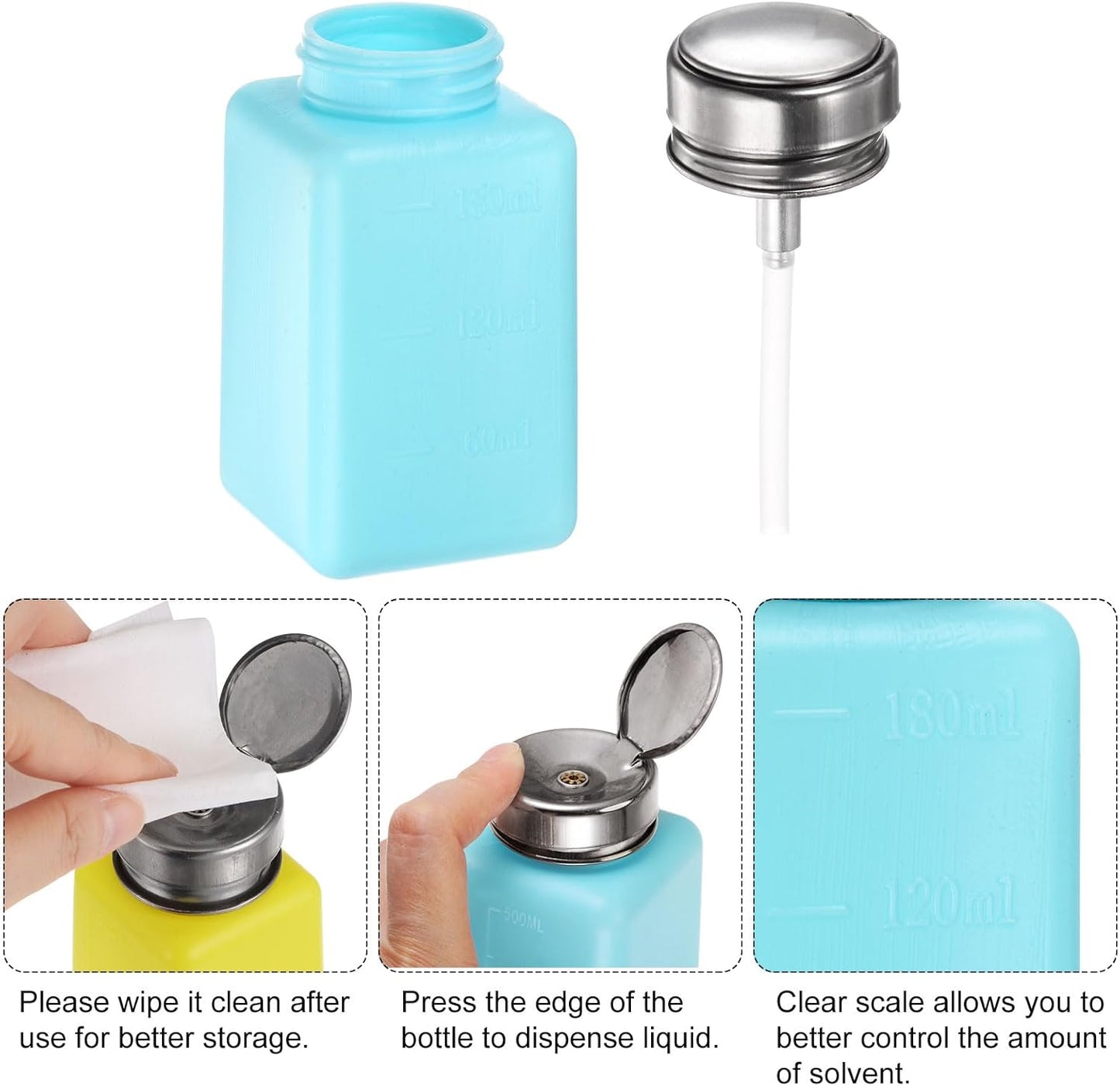 HARFINGTON 4PCS 180ML(6oz) Push Down Alcohol Dispenser Pump Liquid Press Empty Bottles Refillable Container for Acetone Cleanser Nail Polish Remover, Blue