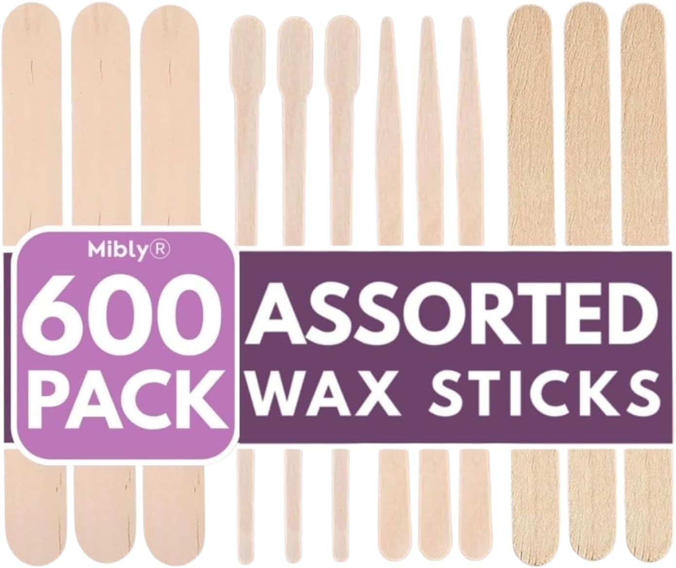 Mibly 4 Style 600 Pcs Assorted Wooden Wax Sticks for Body Legs Face Small Medium Large Sizes Eyebrow Waxing Applicator Spatulas for Hair Removal or Wood Popsicle Craft Sticks (Mix Sticks Pack of 600)