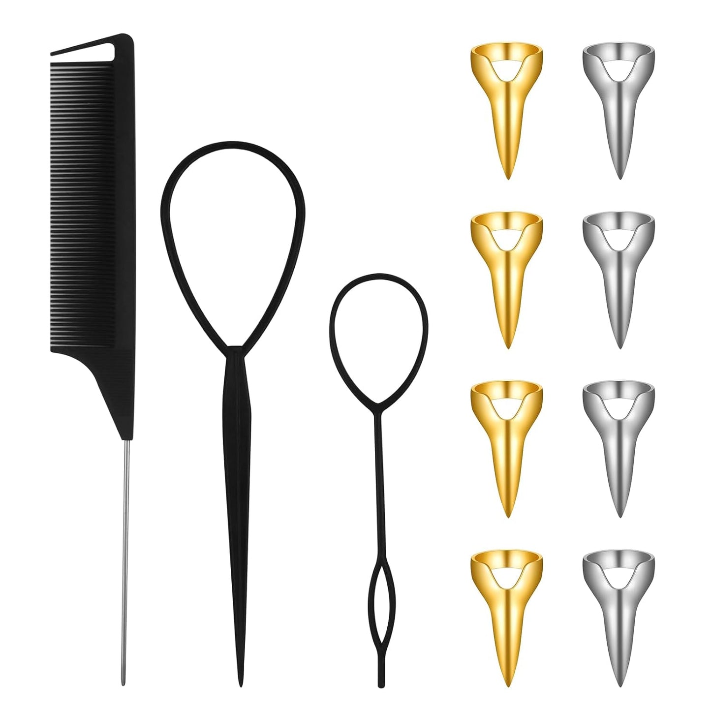 11PCS Hair Braiding Tools Ring Set with 8 Metal Pinky Hair Parting Rings/Braid Aid Finger Parting Tool, 1PCS Rat Tail Comb/Braiding Combs/ 2 Parting Tool Rings for Stitch Braiding Finger Tool