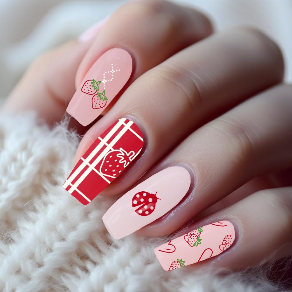 3Pcs Strawberry Nail Stamping Plate Heart Bow Nail Art Stamp Templates Stainless Steel Reusable Tools with Stamper Scraper for Manicure Printing