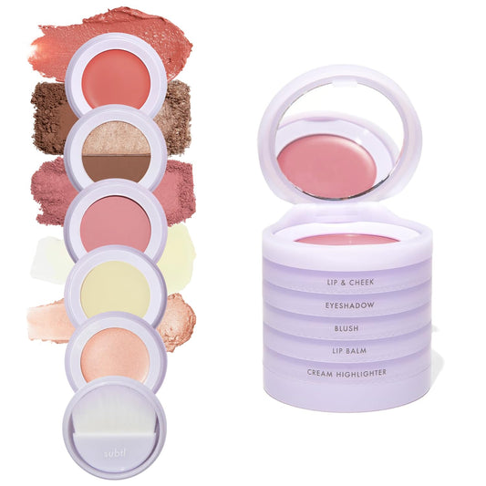 Subtl Staks 5-in-1 Travel Makeup kit by subtl beauty - eyeshadow duo, powder blush, cream highlighter, lip and cheek, lip balm - free travel mirror and brush - stackable makeup for travel