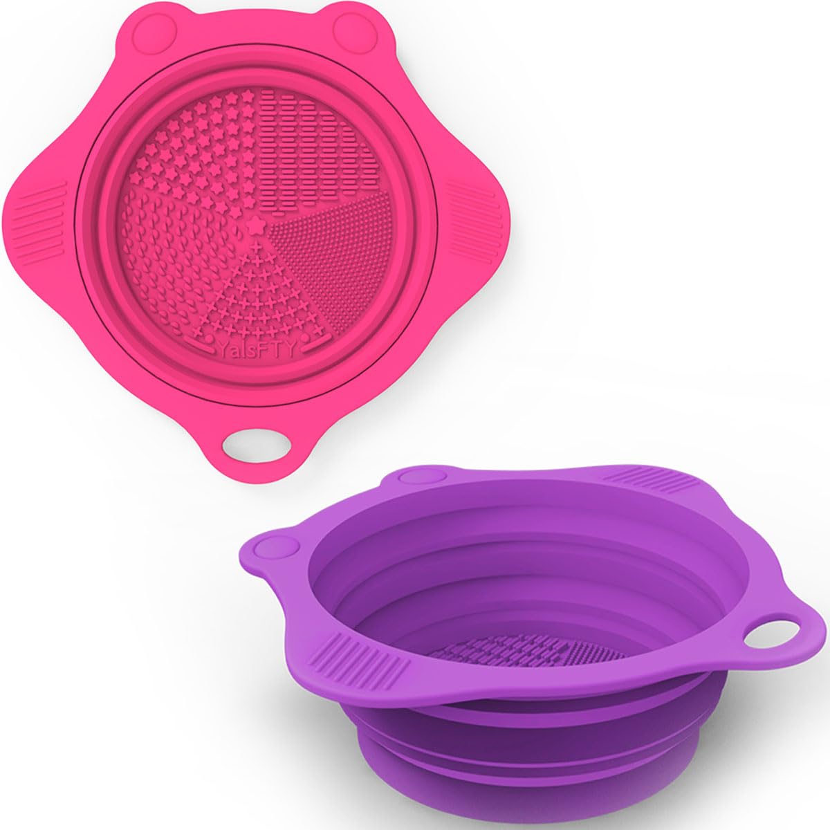 2PC Foldable Silicone Makeup Brush Cleaner Pad Bowls, YalsFTY Portable Mat Scrubber Cleaning Tool for Makeup Brushes (Purple and Rose)