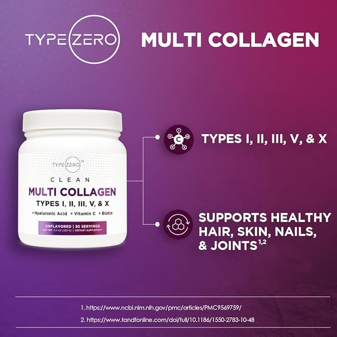 Type Zero Multi Collagen Powder 30 Servings (Unflavored) - Types I, II, III, V, & X Collagen Peptides + Hyaluronic Acid, VIT C, Biotin