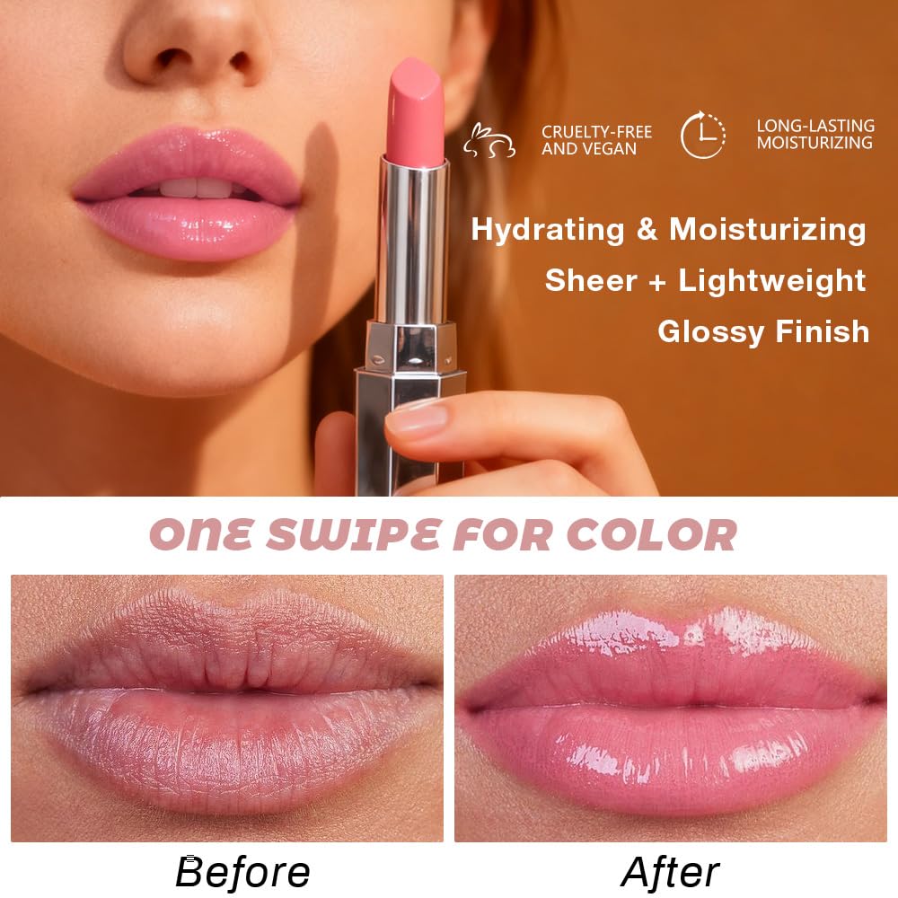 evpct Pink Honey Lipstick Tinted Lip Balm, Sheer Hydrating Shine Tinted Lipstick for Women, Moisturizing Lip Color, Nourishing Tinted Lip Balm Plumper Gloss Stain, Glossy Shiny Finish, 02 Pink