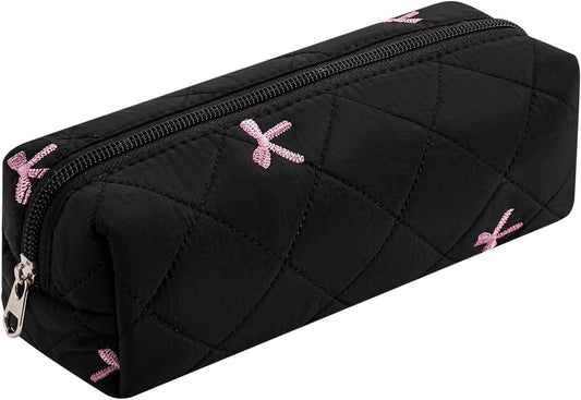 Cute Floral Cotton Makeup Brush Cosmetic Bag for Women, Travel Quilted Zipper Make Up Bag, Flowers Toiletry Organizer Case Kawaii Makeup Cosmetic Travel Cloth Pouch (Black)