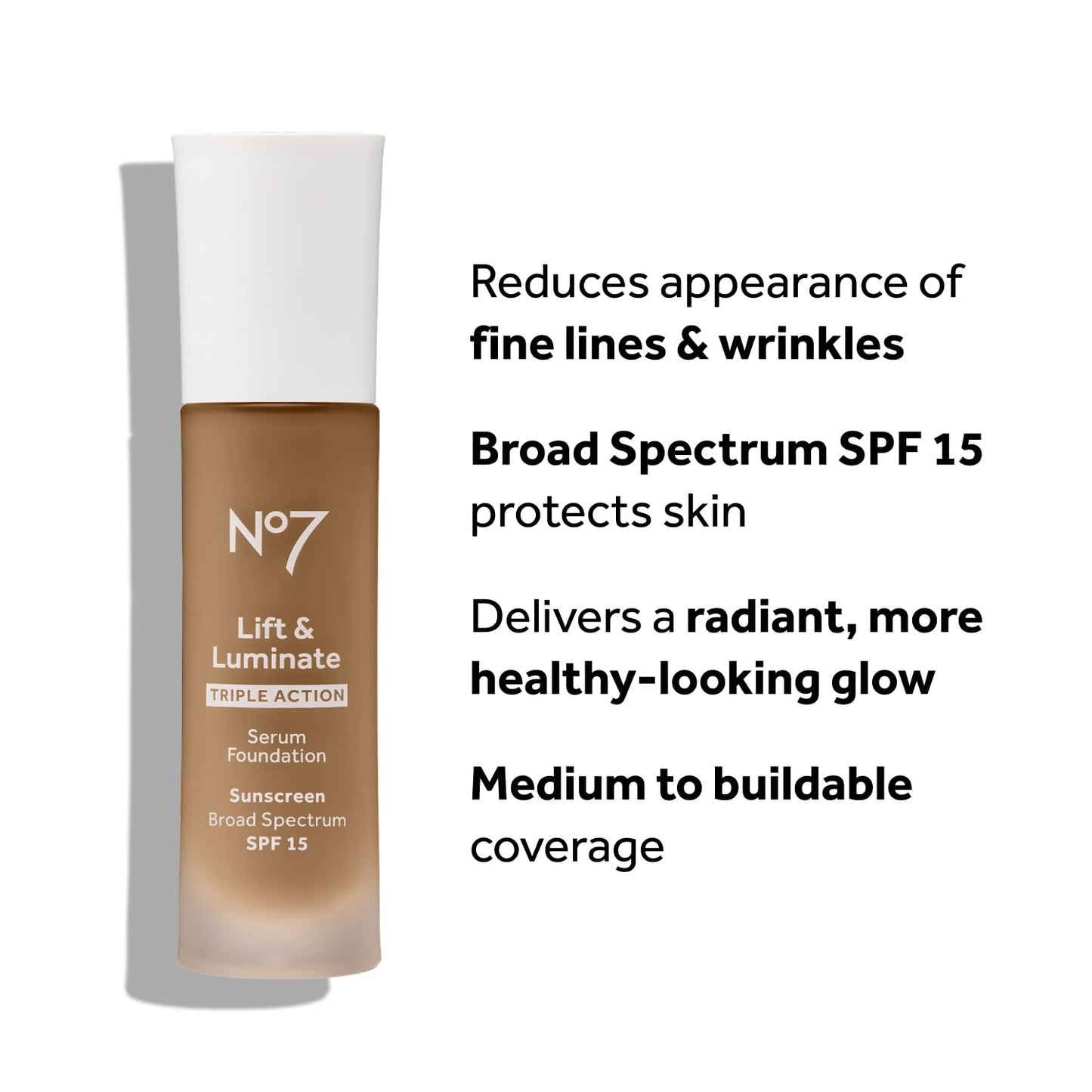 No7 Lift & Luminate Triple Action Serum Foundation - Liquid Makeup with SPF 15 for a Dewy, Glowy Base - Radiant Formula for Mature Skin - Warm Beige (1 Fl Oz)