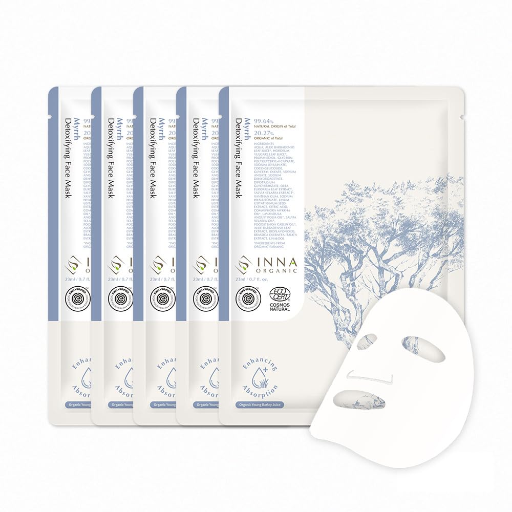 INNA ORGANIC Sheet Mask - Deep & Long Hydration, EWG & COSMOS Certified (Pack of 5) | Myrrh Essential Oils Infused Skin Care | Luxury Clean Beauty
