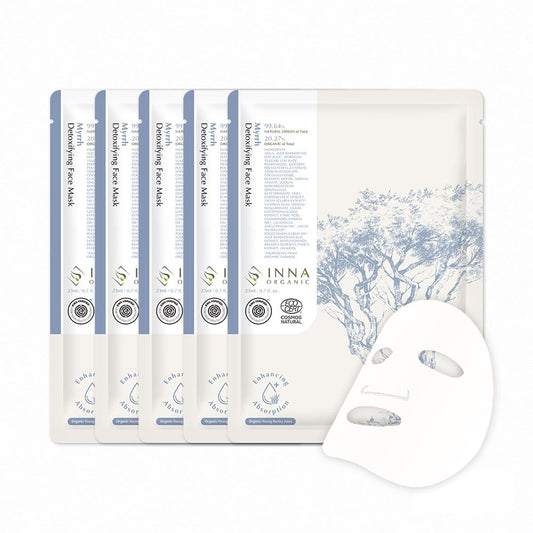 INNA ORGANIC Sheet Mask - Deep & Long Hydration, EWG & COSMOS Certified (Pack of 5) | Myrrh Essential Oils Infused Skin Care | Luxury Clean Beauty
