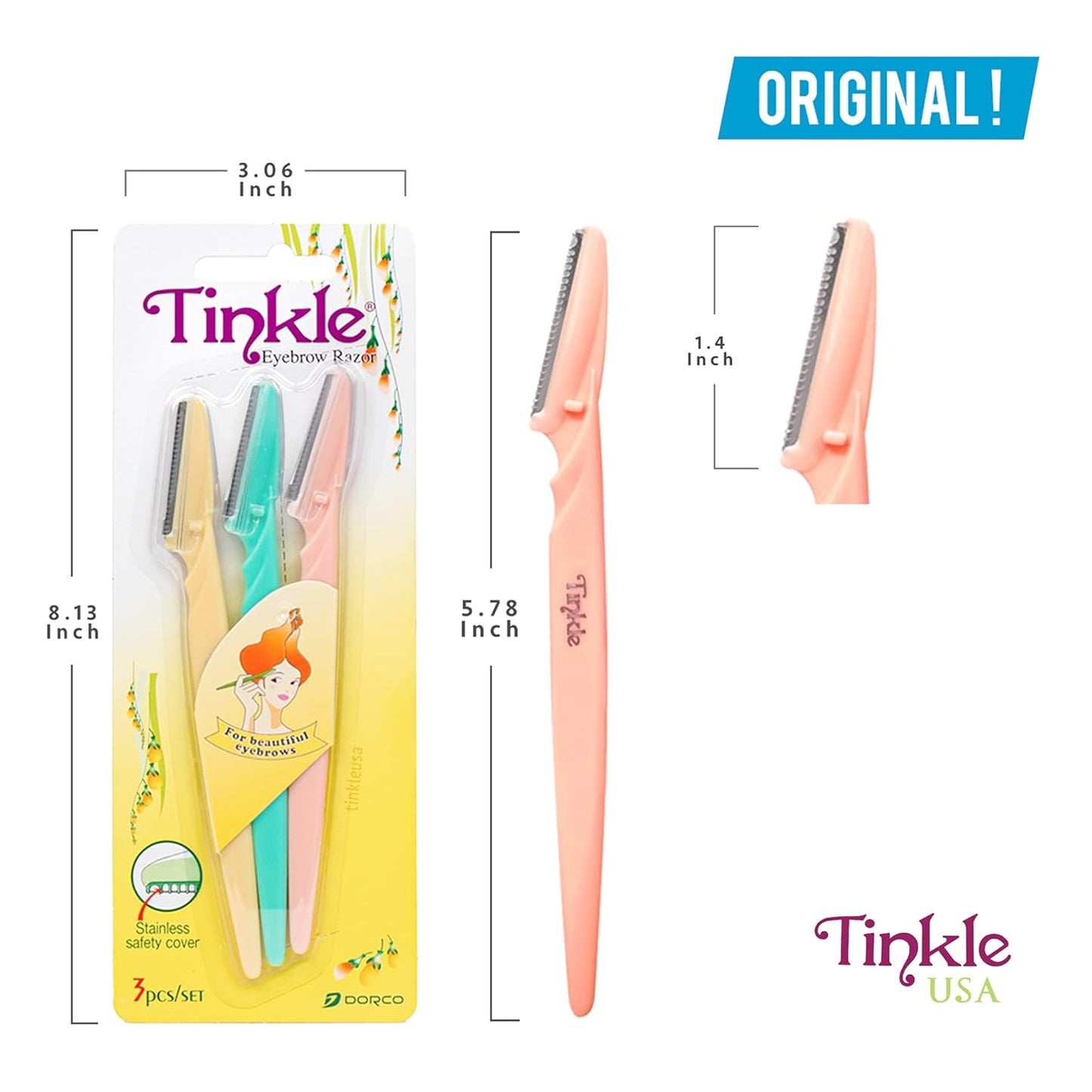 Tinkle Dermaplaning Tool 9ct, Dermaplane Razor for Women, Safe and Easy Peach Fuzz Remover, Eyebrow Trimmer with Protective Cover (3 Packs of 3)