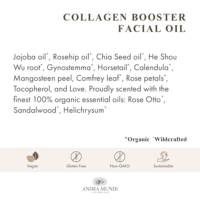 Anima Mundi Collagen Booster Facial Oil - Hydrating Organic Plant-Based Collagen Oil with He Shou Wu & Rose Petals - Restore & Regenerate Collagen Receptors for Glowing Skin Complexion (2oz / 59ml)