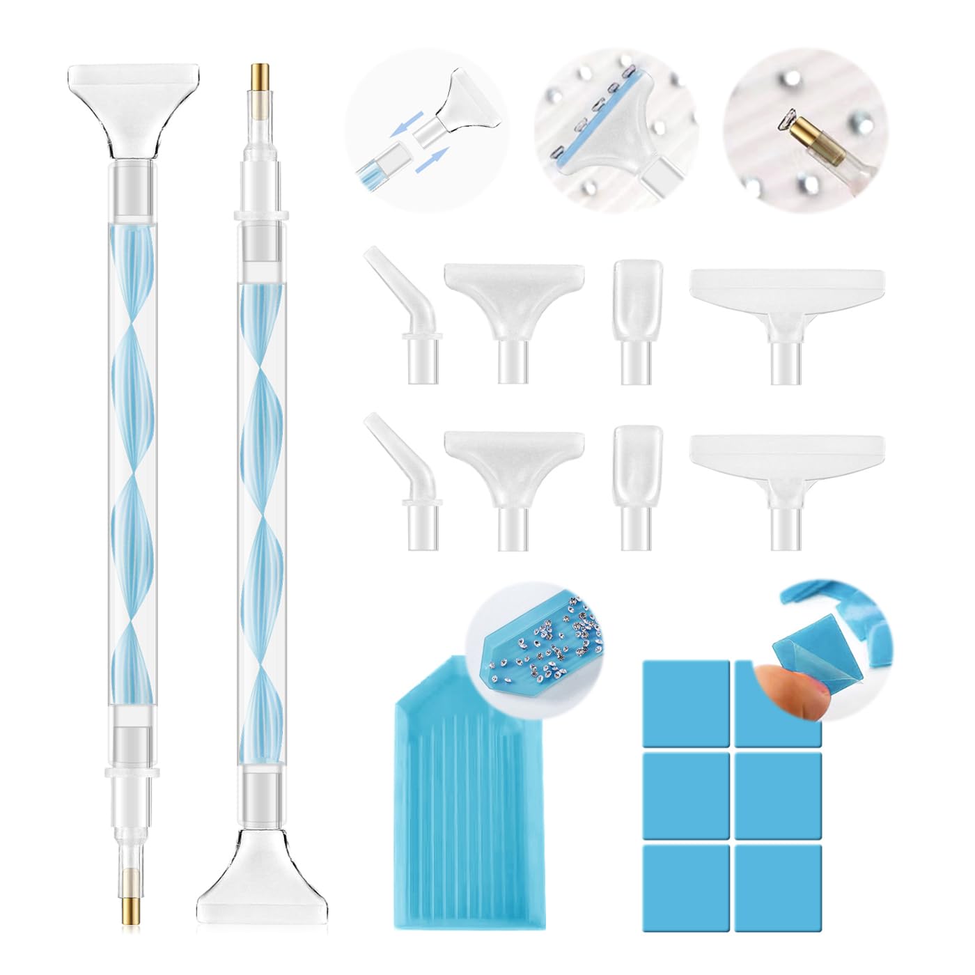 Rhinestone Picker Tool Kit: 2Pcs Rhinestone Picker Handle, Dual-Ended Rhinestones Applicator Dotting Tools Pen with 12 Upgraded Plastic Replacement Tips, Clay for DIY Nail Art Craft (Blue)