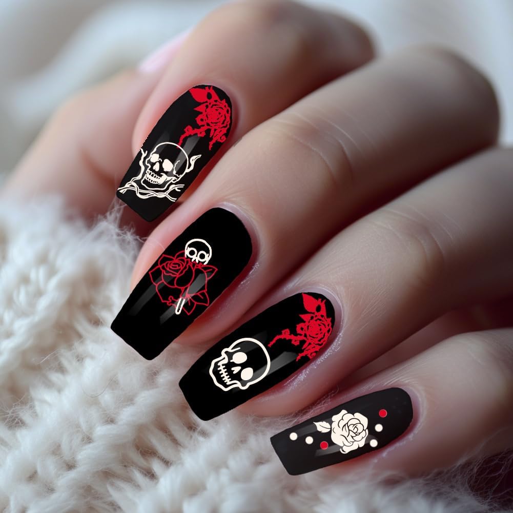 3Pcs Skull Nail Stamping Plate Set Halloween Nail Stamp Templates Skeleton Hands Roses Metal Reusable Tools with Stamper Scraper for Manicure Printing