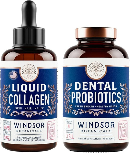 WINDSOR BOTANICALS Concentrated Liquid Collagen Peptides and Dental Probiotics for Bad Breath Bundle