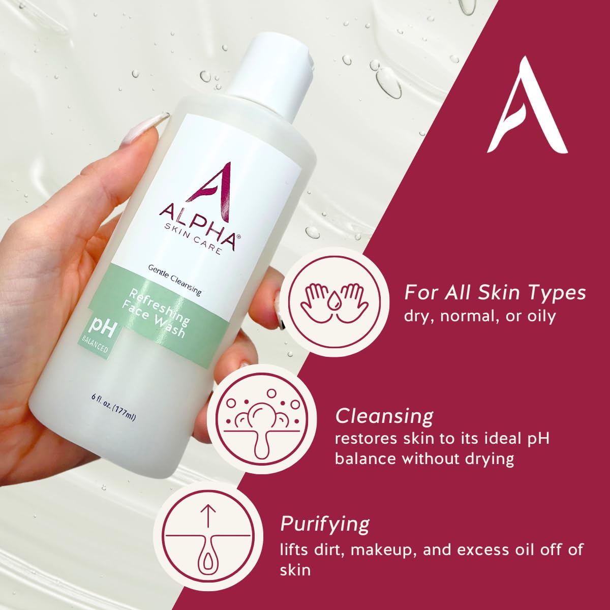 Alpha Skin Care Refreshing Face Wash, Gentle Soap-Free Formula, Citric AHA, Cleanses, Purifies, Tones & Restores pH, All Skin Types, Removes Make-Up & Oil, Anti-Aging Ingredients, 6 Oz, Pack of 2