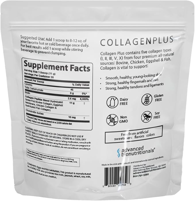 Advanced Collagen Plus Powder – 5 Types of Collagen (I, II, III, V, X) with Biotin & Chondroitin Sulfate – Supports Skin, Hair, Joints & Nails – Unflavored, Easy-Mix Formula