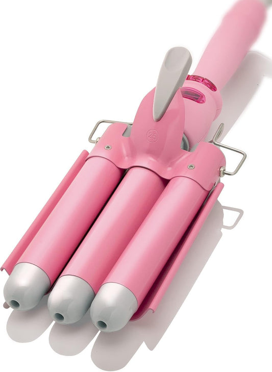 Alure Three Barrel Curling Iron Wand Hair Waver with LCD Temperature Display - 1 Inch Ceramic Tourmaline Triple Barrels, Dual Voltage Crimp (White/Pink)