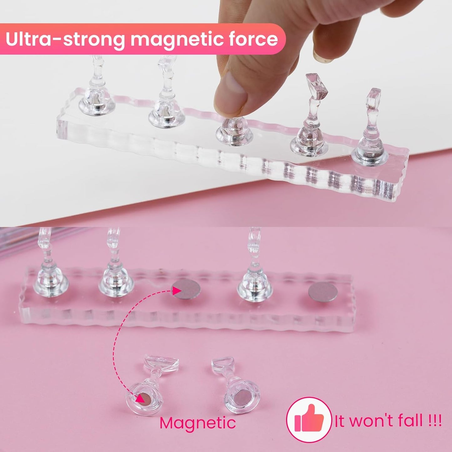 Nail Stand For Press On Acrylic Strong Magnetic Nail Holder Kit For Painting Nails Tip Arts Display With 200PCS Double-Sided Tape And 1 Heart Shaped Acrylic Magnetic Presson Stands Nail Art Supplies