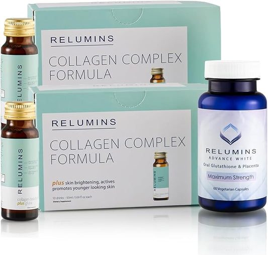 Relumins Radiant Bundle Set - 20 Bottles (50ml) Collagen Beauty Drink + 60 Capsules Advance Glutathione with Rose HIPS