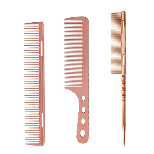 3 Pcs Professional Aluminum Comb Set for Barber Hair Styling - Fine Cutting, Rat Tail, Handle Combs (Rose Gold)
