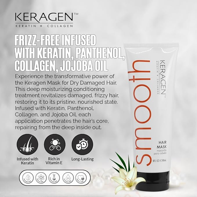 KERAGEN Hair Care Duo: Mask for Dry Damaged Hair (8 Oz) + Moroccan Argan Oil (1.7 Oz) - Deep Conditioning, Frizz-Free, Anti-Frizz Serum, Brilliant Shine, Hydrates, Seals Cuticles