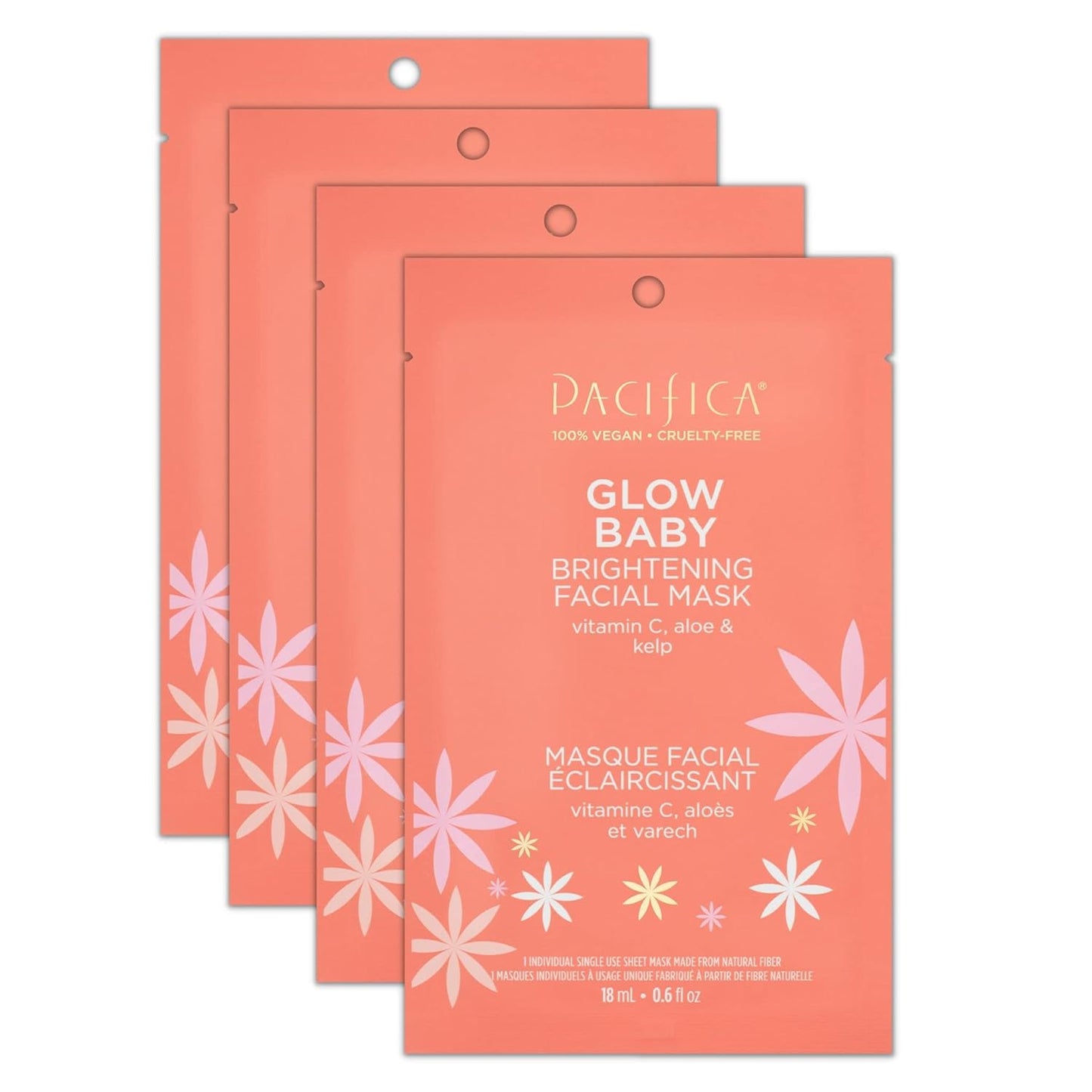 Pacifica Glow Baby Brightening Vitamin C Face Mask 4-Pack – Hydrating Serum-Soaked Sheet Mask for Glowing Skin, Fights Dullness & Dark Spots, Infused with Aloe & Kelp, 100% Vegan & Cruelty-Free