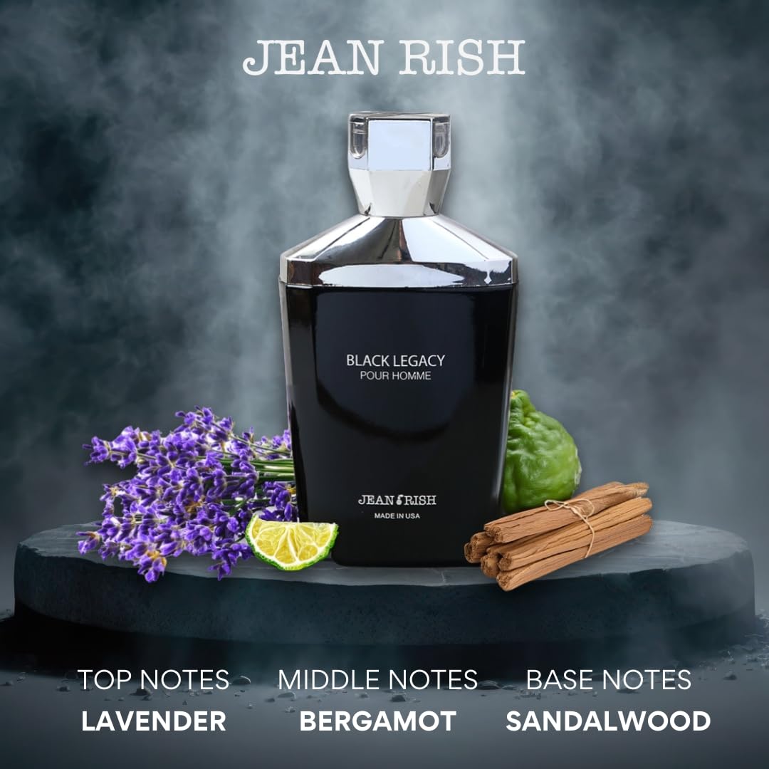Jean Rish Black Legacy Pour Homme Eau De Toilette for Men (3.4 Fl Oz / 100ml) with Sandalwood, Lavender & Bergamot Notes - Long Lasting and Luxury Fragrance