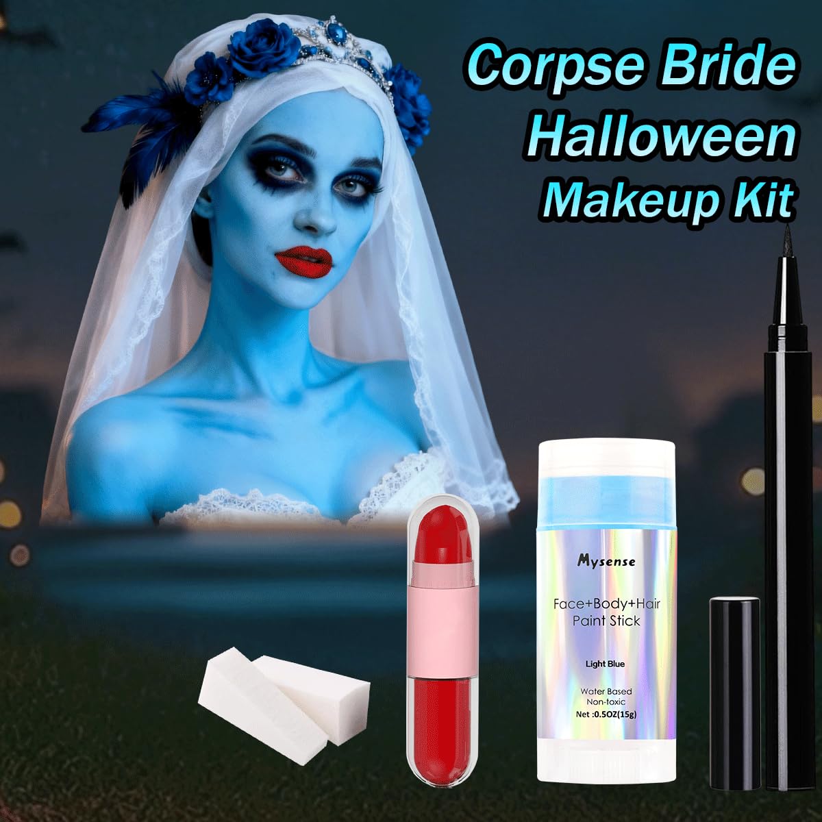 Mysense Sally Makeup Kit,Halloween Corpse Bride costume,Sally Face Cosplay Accessories for Women and Kids,Light Blue Face Paint+Red Double-Ended Lipstick+Black Eyeliner+Sponges