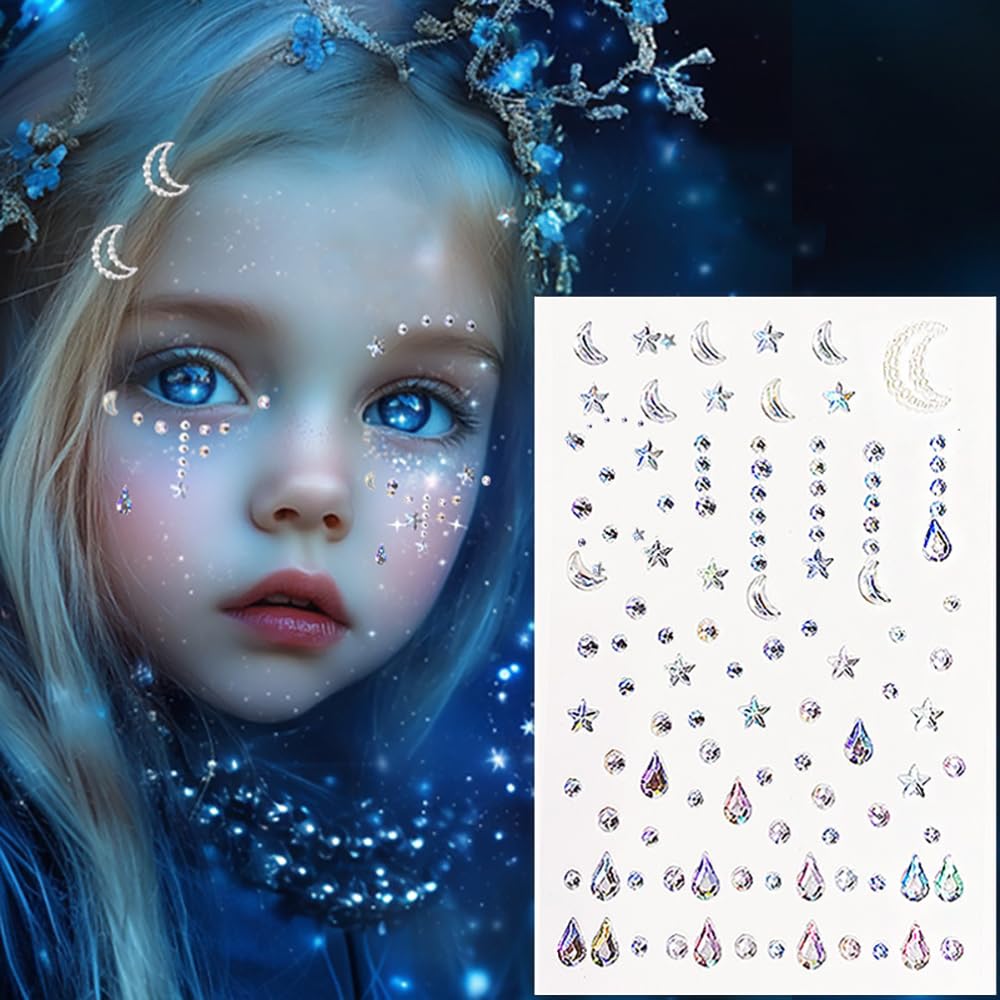Tear Eye Corners Face Jewels Star Bindi Rhinestone Festival Face Gems Tattoo Decorations Jewels Body Glitter Crystal Sticker Temporary Face Tattoo for Festival Rave Outfit, 2-Pack