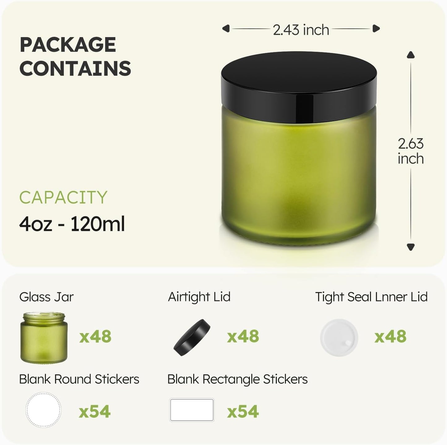 Tecohouse 4 oz Glass Jars with Lids, 48 Pack Green Canning Mason Jars with Lids, White Labels & Inner Liners, Empty Airtight Round Clear Slime Containers for Spice, Lotion, Ointments