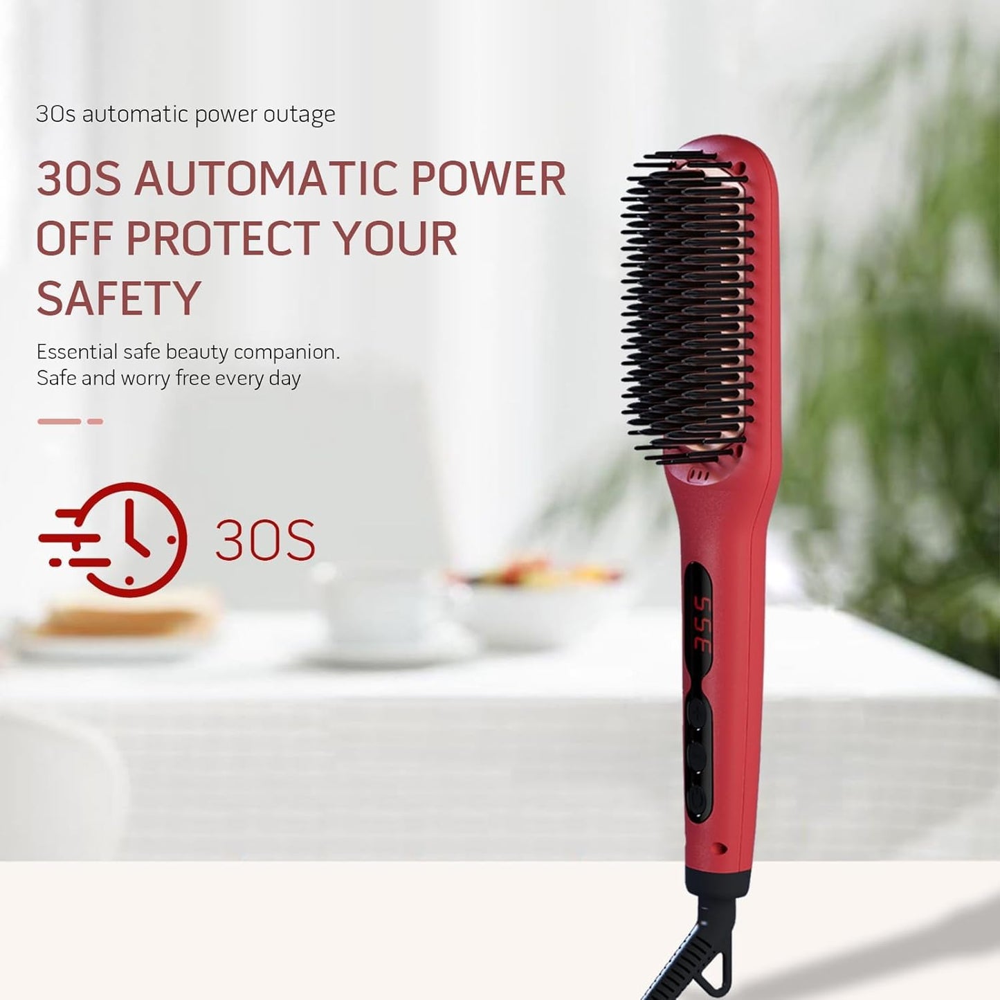 Updated Megawise Pro Ceramic Ionic Hair Straightener Brush – Fast 20s Heating, Auto-Off, Anti-Scald, Dual Voltage, Rotatable Power Cord – Home Salon Styling (Tomato Red)